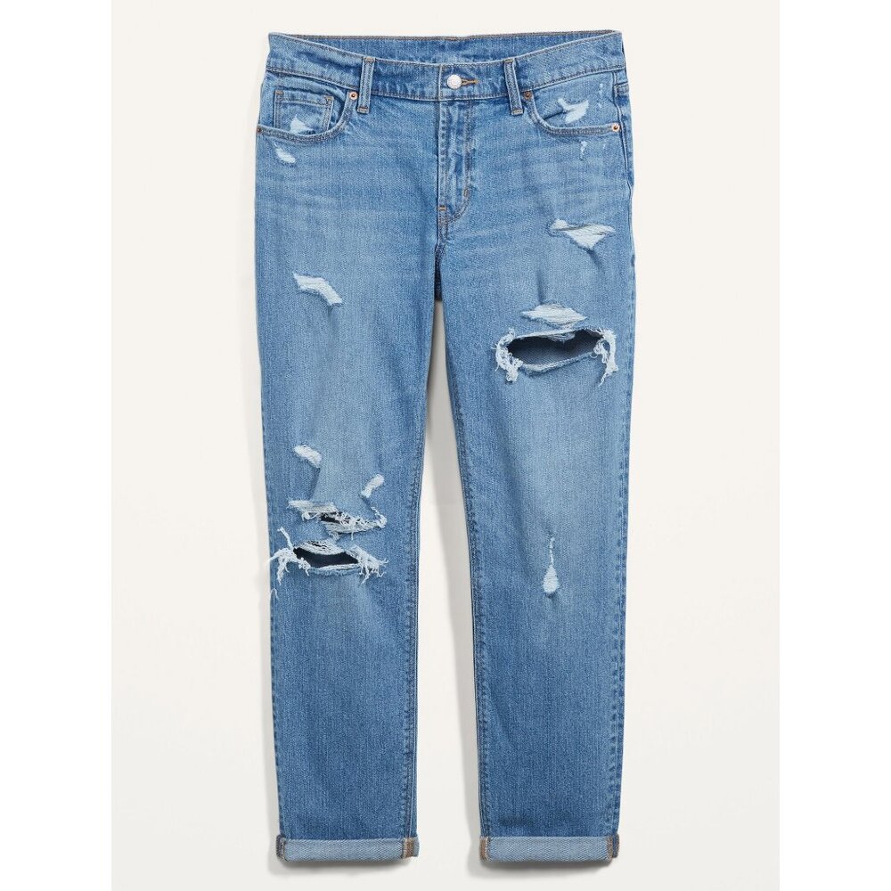 Mid-Rise Boyfriend Straight Ripped Jeans